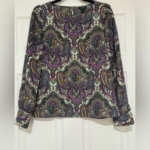 GUC J. Crew Long Sleeve Paisley Print Purple Paisley Boho Blouse Size XS